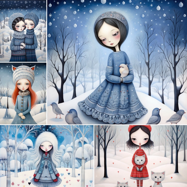 May include: A digital painting of five girls in winter clothing. The girls are wearing blue, red, and white clothing. The background is a snowy forest with blue and white trees. The girls are all smiling and looking at the viewer.