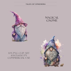 May include: Two watercolor illustrations of magical gnomes. The gnome on the left is wearing a purple hat and robe with a white beard. The gnome on the right is wearing a blue hat and robe with a white beard and holding a staff. The text "MAGICAL GNOME" is written in black above the gnomes.