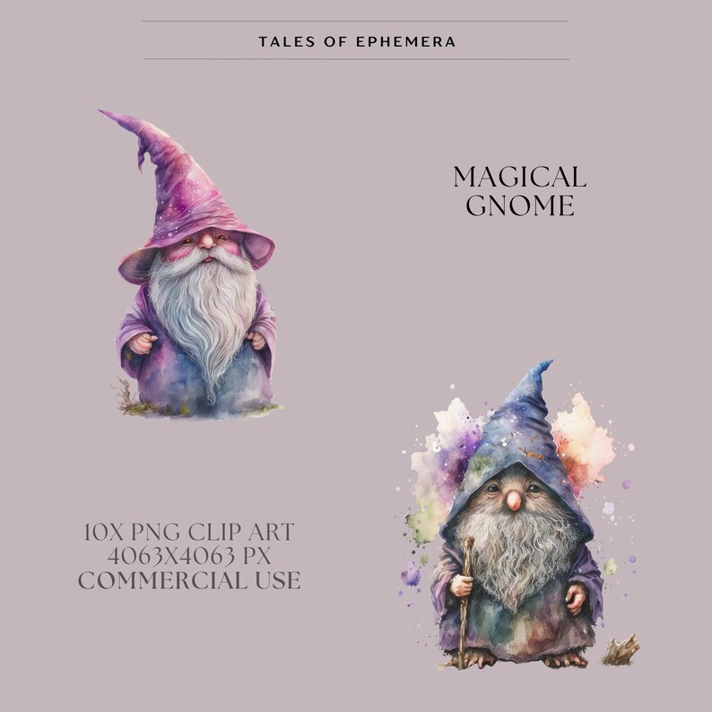 May include: Two watercolor illustrations of magical gnomes. The gnome on the left is wearing a purple hat and robe with a white beard. The gnome on the right is wearing a blue hat and robe with a white beard and holding a staff. The text "MAGICAL GNOME" is written in black above the gnomes.