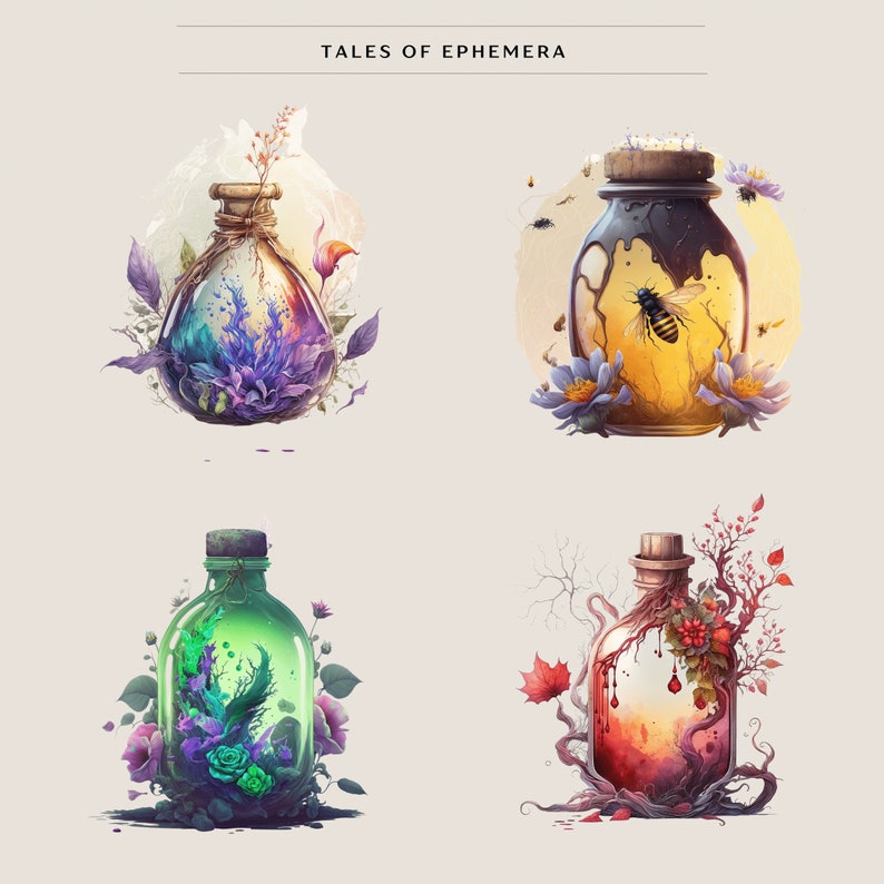 Puede incluir: Cuatro botellas de vidrio con l&iacute;quidos de diferentes colores y dise&ntilde;os florales y vegetales. Las botellas est&aacute;n etiquetadas con "Tales of Ephemera".