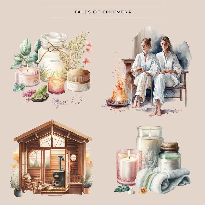 10 Cozy Cabin Spa Clipart - Cottagecore Clipart, Wellness Selfcare Clipart, Watercolor, Instant Download, Full Commercial Use, PNG Clipart image 4