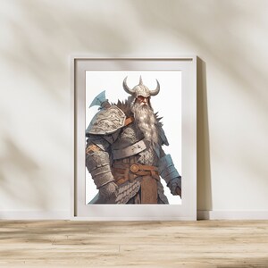 May include: A white framed print of a digital illustration of a warrior wearing a silver helmet and armor, holding a weapon. The warrior has a long white beard and is looking to the left.