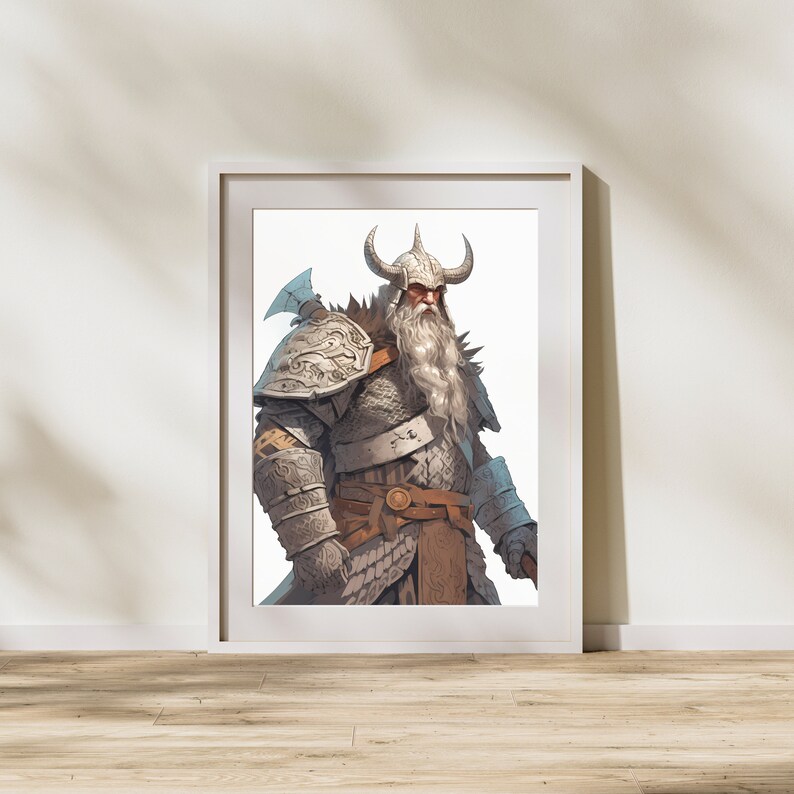 May include: A white framed print of a digital illustration of a warrior wearing a silver helmet and armor, holding a weapon. The warrior has a long white beard and is looking to the left.
