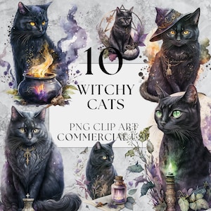 10 Witchy Cats Clipart - Fairytale Clipart, Fantasy Witchy Clipart, Wiccan Clipart, Watercolour, Instant Download, Full Commercial Use, PNG