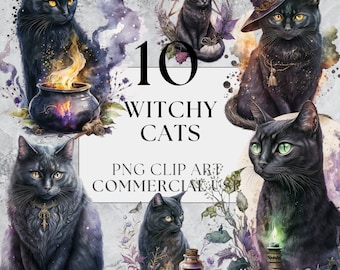 Witchy Cats Clipart Cat Clipart Fairytale Clipart Fantasy Clipart Wicca Clipart Watercolour Instant Download Full Commercial Use PNG Clipart