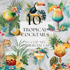 10 clipart cocktail tropicali - clipart estivi, clipart vacanze, clipart cocktail, acquerello, download istantaneo, uso commerciale completo, PNG