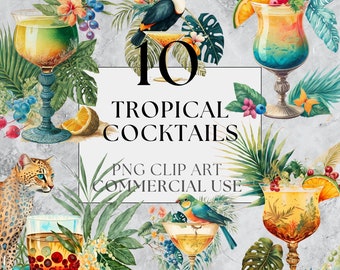 10 imágenes prediseñadas de cócteles tropicales - imágenes prediseñadas de verano, imágenes prediseñadas de vacaciones, imágenes prediseñadas de cócteles, acuarela, descarga instantánea, uso comercial completo, PNG