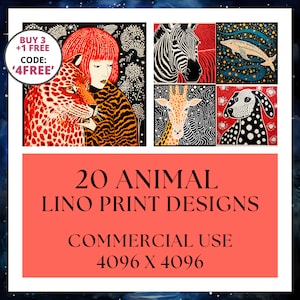Op de afbeelding: 20 dierlijke linosnede-ontwerpen voor commercieel gebruik. De ontwerpen zijn in zwart-wit met kleurrijke accenten. De ontwerpen zijn 4096 x 4096 pixels.