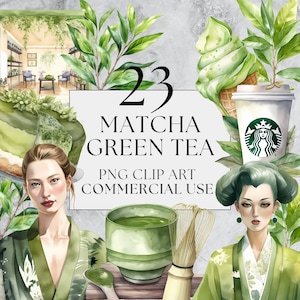 23 Matcha Green Tea Clipart Pack, PNG Matcha Ceremony Clipart, Watercolor, Instant Download Printable with Full Commercial Use, Starbucks