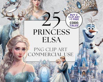 Princesse Elsa Frozen Clipart, PNG, utilisation commerciale complète, Clipart de conte de fées Fantasy aquarelle, avec téléchargement immédiat, Château Crown Palace