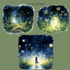 May include: Watercolor illustrations depicting scenes of a magical forest at night. One shows a path through trees, another a jar with fireflies, and the last a person standing in water with glowing lights. The text "TALES OF EPHEMERA" is at the top.