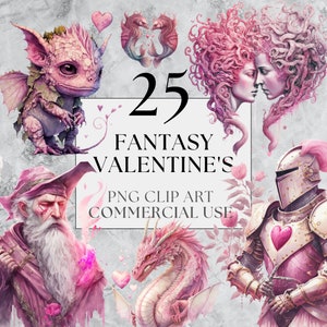 25 Fantasy Valentines Clipart, PNG designs, Fantasy Fairytale Clipart, Watercolou, Instant Download, Full Commercial Use