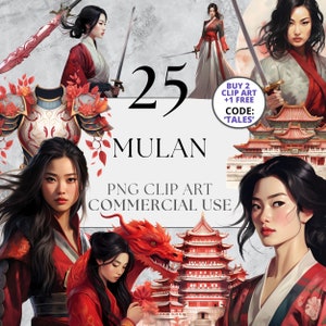 Mulan Clipart, Chinese Dragon Princess - PNG Clipart with Full Commercial Use Instant Download, Children's Fantasy Fairytale Decor