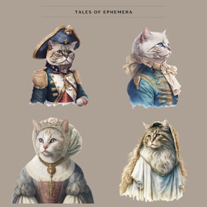 May include: Four cats dressed in vintage clothing. A cat wearing a blue and gold military uniform, a cat wearing a blue and gold jacket with a white lace collar, a cat wearing a white lace bonnet and a blue dress, and a cat wearing a white robe with a brown fur collar.