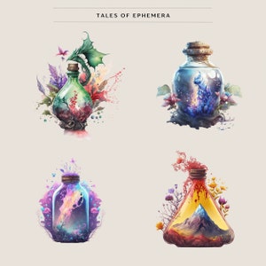 Puede incluir: Cuatro botellas de vidrio, cada una con un l&iacute;quido de color diferente y arreglos florales. Cada botella representa una escena &uacute;nica, incluyendo un drag&oacute;n, una criatura marina azul, una galaxia y una monta&ntilde;a.