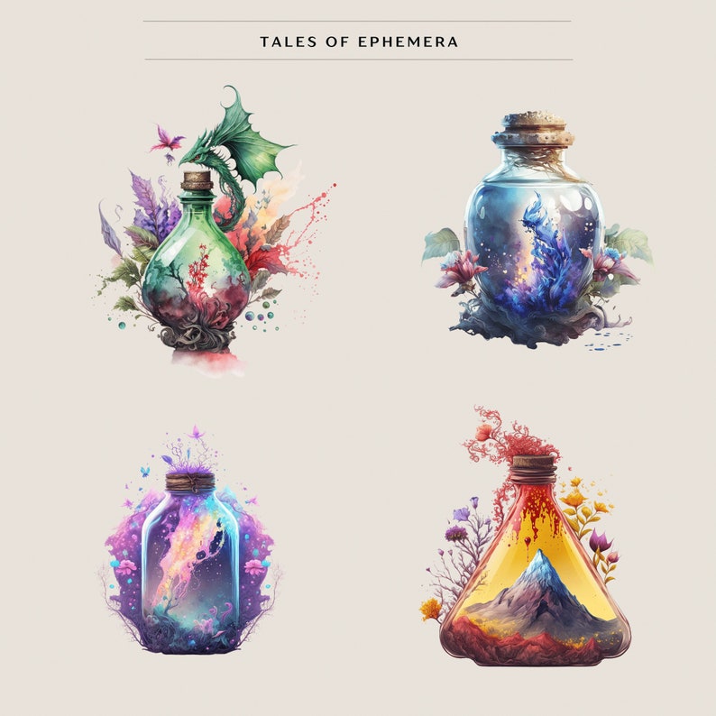 Puede incluir: Cuatro botellas de vidrio, cada una con un l&iacute;quido de color diferente y arreglos florales. Cada botella representa una escena &uacute;nica, incluyendo un drag&oacute;n, una criatura marina azul, una galaxia y una monta&ntilde;a.
