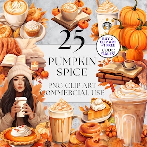 25 Pumpkin Spice Clipart, PNG, Full Commercial Use, Watercolor Cozy Autumn Fall Clipart, with Instant Download, Coffee, Food Drink, Pumpkins