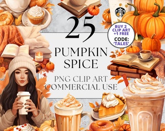 25 Pumpkin Spice Clipart, PNG, Full Commercial Use, Watercolor Cozy Autumn Fall Clipart, with Instant Download, Coffee, Food Drink, Pumpkins