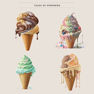 Puede incluir: Cuatro conos de helado derriti&eacute;ndose con diferentes sabores y coberturas. Los conos est&aacute;n sobre un fondo blanco con el texto "Tales of Ephemera" en la parte superior.