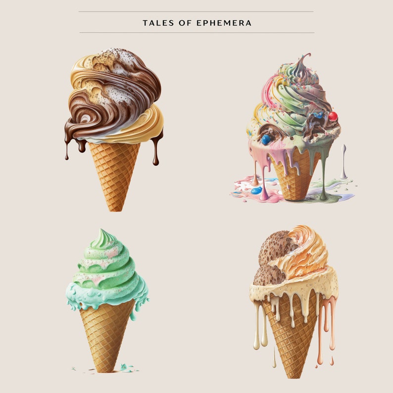 Puede incluir: Cuatro conos de helado derriti&eacute;ndose con diferentes sabores y coberturas. Los conos est&aacute;n sobre un fondo blanco con el texto "Tales of Ephemera" en la parte superior.