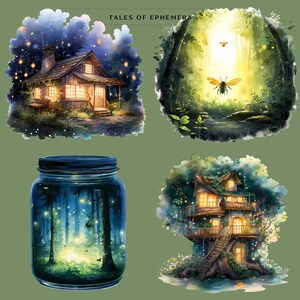 May include: Watercolor illustrations of whimsical scenes. A cozy cabin with glowing windows, a forest with a large bee, a jar filled with a forest scene, and a treehouse with lights. The text "TALES OF EPHEMERA" is at the top.