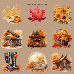 May include: A collection of autumn-themed illustrations featuring a red maple leaf, a bouquet of sunflowers, a cozy cottage, a fireplace with a fire, a basket of apples and leaves, a pair of blue rain boots, a cat sleeping in a window, and a cabin in the woods.