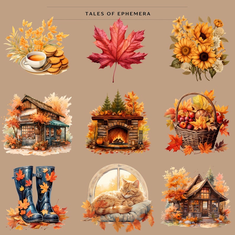 May include: A collection of autumn-themed illustrations featuring a red maple leaf, a bouquet of sunflowers, a cozy cottage, a fireplace with a fire, a basket of apples and leaves, a pair of blue rain boots, a cat sleeping in a window, and a cabin in the woods.
