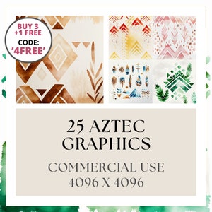 Op de afbeelding: Een set van 25 digitale aquarel Azteekse afbeeldingen in verschillende kleuren en patronen. De afbeeldingen zijn 4096 x 4096 pixels groot en zijn voor commercieel gebruik. De tekst "BUY 3 +1 FREE CODE: '4FREE'" staat in de linkerbovenhoek van de afbeelding.