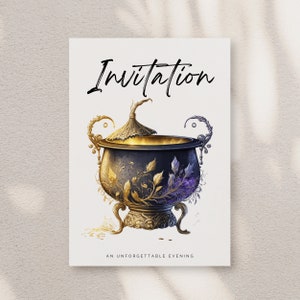 May include: An invitation card with a gold and black cauldron with a gold lid and purple flowers. The text "Invitation" is at the top of the card and "An Unforgettable Evening" is at the bottom.