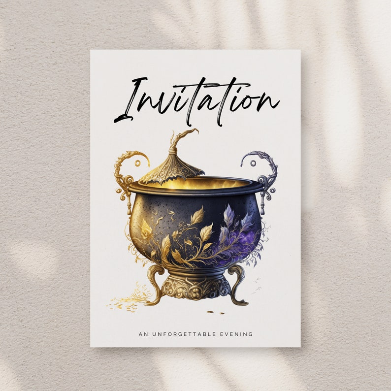 May include: An invitation card with a gold and black cauldron with a gold lid and purple flowers. The text "Invitation" is at the top of the card and "An Unforgettable Evening" is at the bottom.