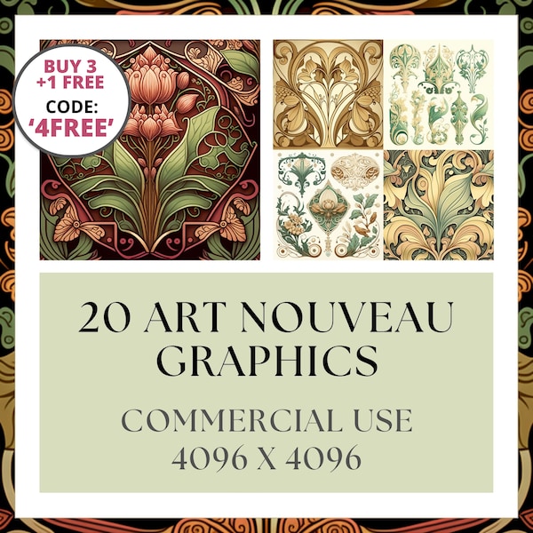 Graphiques Art Nouveau | Papier journal numérique | Arrière-plans imprimables pour téléchargement instantané + utilisation commerciale | Scrapbooking