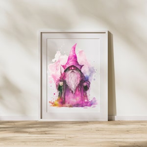May include: A watercolor painting of a wizard with a long white beard and a pink pointed hat. The wizard is standing in a pink and purple watercolor background.