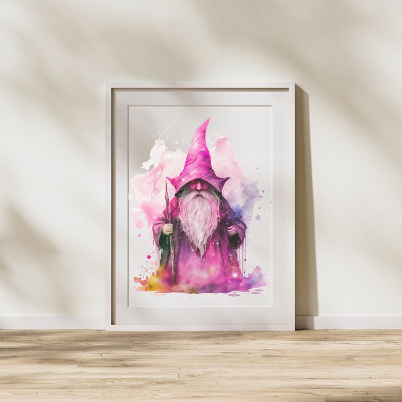 May include: A watercolor painting of a wizard with a long white beard and a pink pointed hat. The wizard is standing in a pink and purple watercolor background.