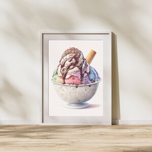 Puede incluir: Un bol blanco con un patr&oacute;n de remolino lleno de un helado sundae colorido. El helado est&aacute; cubierto con salsa de chocolate y chispas. Un cono de waffle sobresale de la parte superior del sundae.