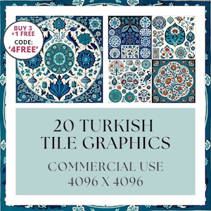 May include: 20 digital graphics of Turkish tile designs in blue, white, and orange. The tiles feature intricate floral patterns and geometric shapes. The graphics are 4096 x 4096 pixels.