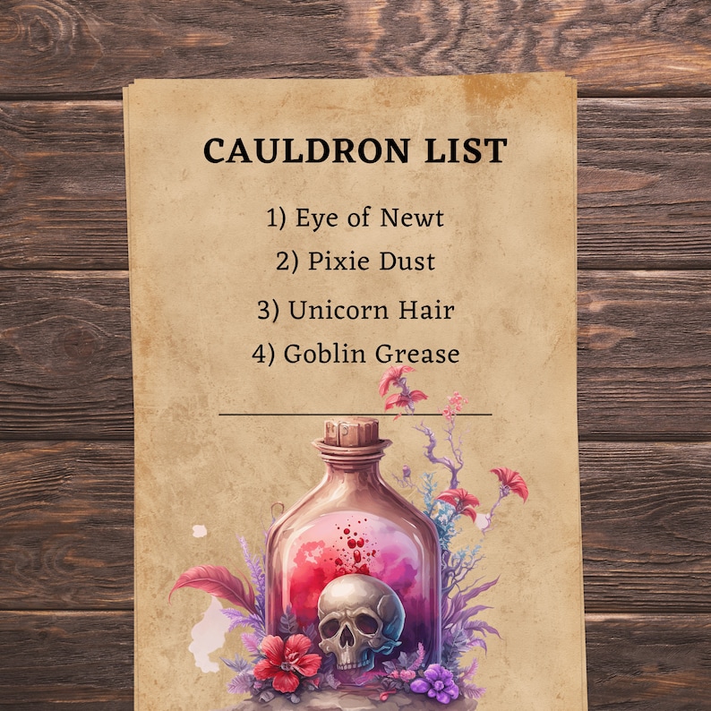 Puede incluir: Una lista de ingredientes para una poci&oacute;n, escrita sobre un fondo de papel pergamino vintage. La lista incluye: Ojo de Trit&oacute;n, Polvo de Hada, Pelo de Unicornio y Grasa de Goblin. Una botella de vidrio con un cr&aacute;neo en su interior y un l&iacute;quido rojo se muestra debajo de la lista.