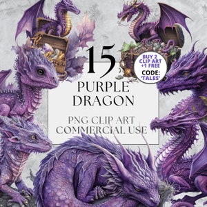 15 Purple Dragon Clipart, PNG, Full Commercial Use, Fantasy Clipart, Watercolor Dragon Clipart, Watercolor Clipart with Instant Download