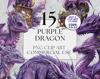 15 Purple Dragon Clipart, PNG, Full Commercial Use, Fantasy Clipart, Watercolor Dragon Clipart, Watercolor Clipart with Instant Download