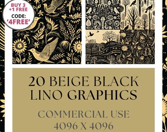 Beige Black Linocut Graphics, Digital Paper Patterns, Printable Backgrounds for Instant Download and Commercial Use, Birds, Botanical