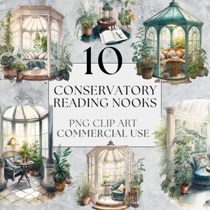 10 Conservatory Reading Nook Designs | PNG | Cozy Fantasy Clip Art | Watercolor | Instant Download, Printable with Full Commercial Use