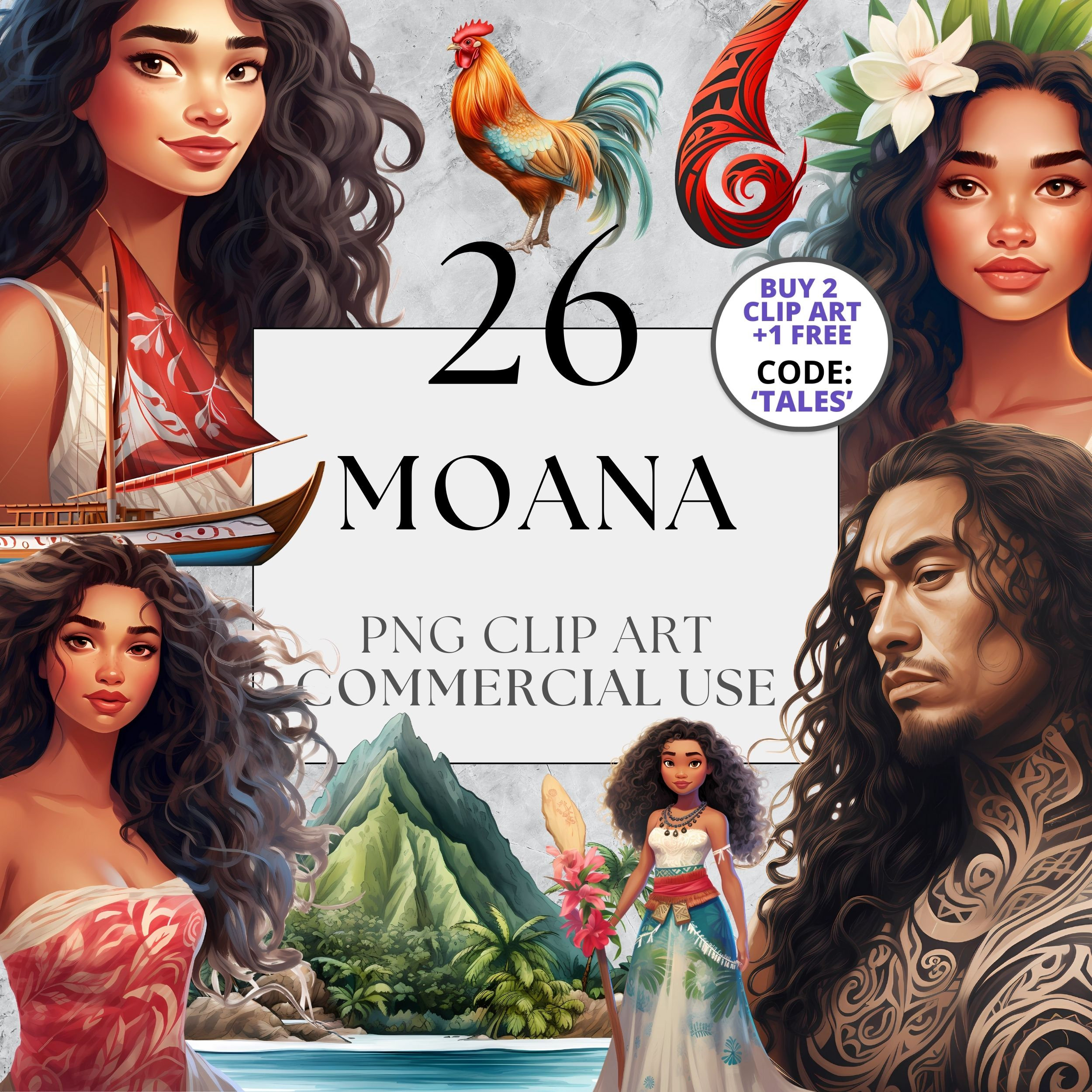 Moana Clipart - PNG Clipart with Full Commercial Use Instant Download, Children's Fantasy Polynesian Fairytale Decor, Maui, Hook, Islands