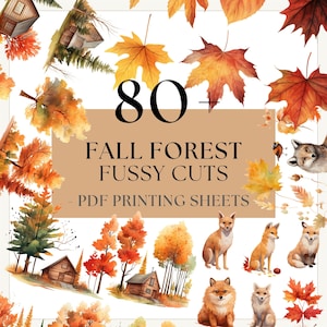 Op de afbeelding: 80+ Herfstbos Fussy Cuts - PDF-printbladen. Aquarel illustraties van herfstbladeren, vossen en hutten in een bosrijke omgeving.