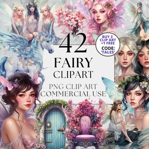 42 fée Clipart - PNG, utilisation commerciale complète avec téléchargement immédiat, aquarelle conte de fées rêveur Pixie elfe Fairycore papillon Licorne Clipart