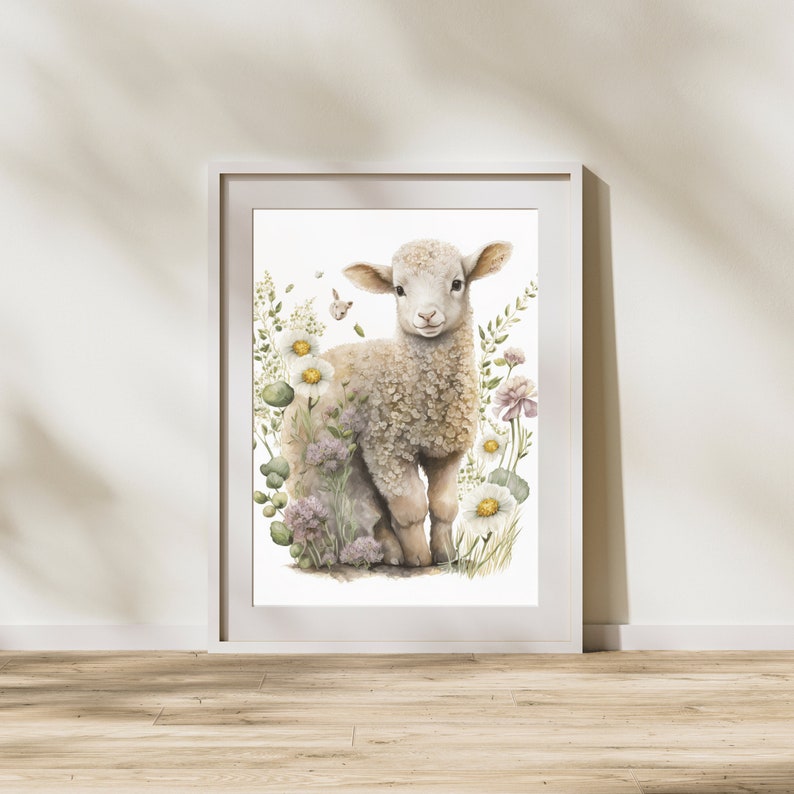 May include: A watercolor painting of a white lamb standing in a field of white and pink flowers. The lamb is looking directly at the viewer with a sweet expression.