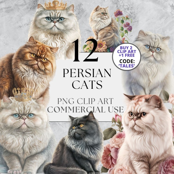 12 Persian Cat Clipart Pack in Transparent PNG, Full Commercial Use, Instant Download with Floral and Standalone Options, Cats Portrait Art