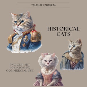 May include: Three digital illustrations of cats dressed in historical clothing. The first cat is wearing a blue and gold military uniform. The second cat is wearing a pink and blue dress with a white lace collar. The third cat is wearing a blue and gold robe. The text "HISTORICAL CATS" is in the center of the image.