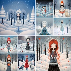 May include: A collage of nine illustrations featuring girls in winter clothing with red hearts and snow. The girls are wearing hats, scarves, and coats. Some of the girls are holding hearts, while others are holding flowers. The illustrations are set against a background of snow-covered trees and a starry sky.