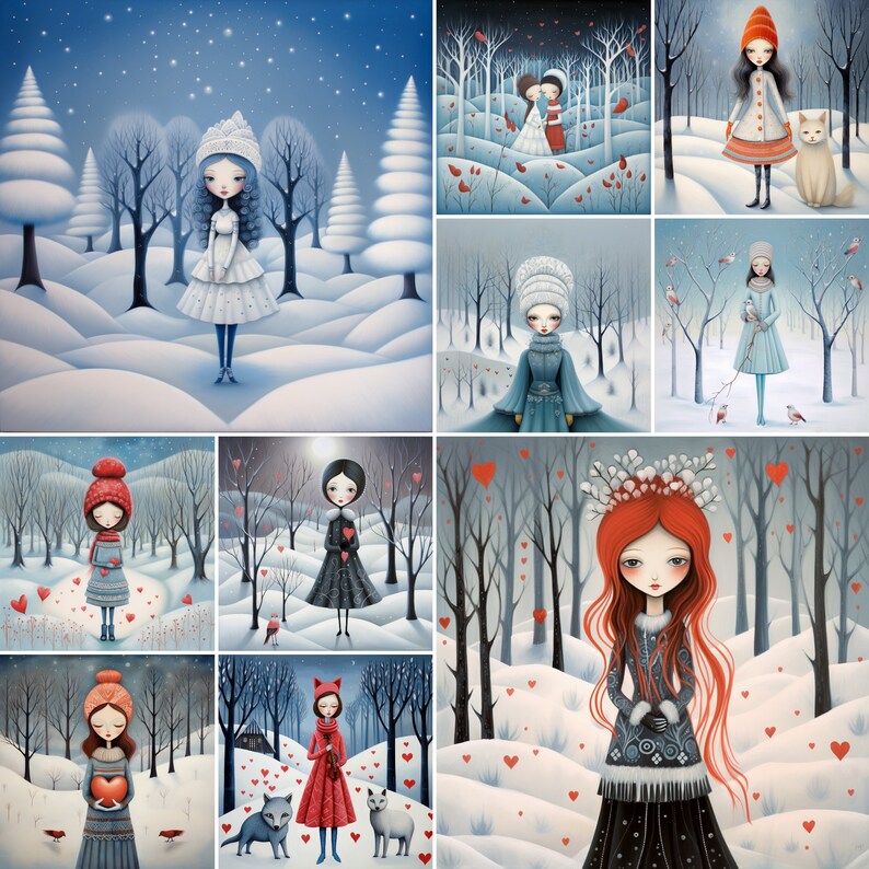 May include: A collage of nine illustrations featuring girls in winter clothing with red hearts and snow. The girls are wearing hats, scarves, and coats. Some of the girls are holding hearts, while others are holding flowers. The illustrations are set against a background of snow-covered trees and a starry sky.