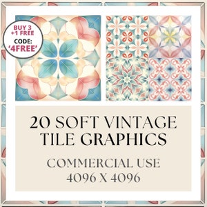 Op de afbeelding: Een set van 20 zachte vintage tegelafbeeldingen in pastelkleuren met geometrische patronen. De afbeeldingen zijn 4096 x 4096 pixels groot en zijn voor commercieel gebruik. De tekst 'BUY 3 +1 FREE CODE: '4FREE'' staat in de linkerbovenhoek van de afbeelding.