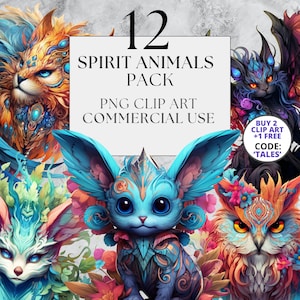 12 Spirit Animals Clipart, PNG, Full Commercial Use, Fantasy Clipart, Watercolor Animal Clipart, Fairytale Clipart with Instant Download